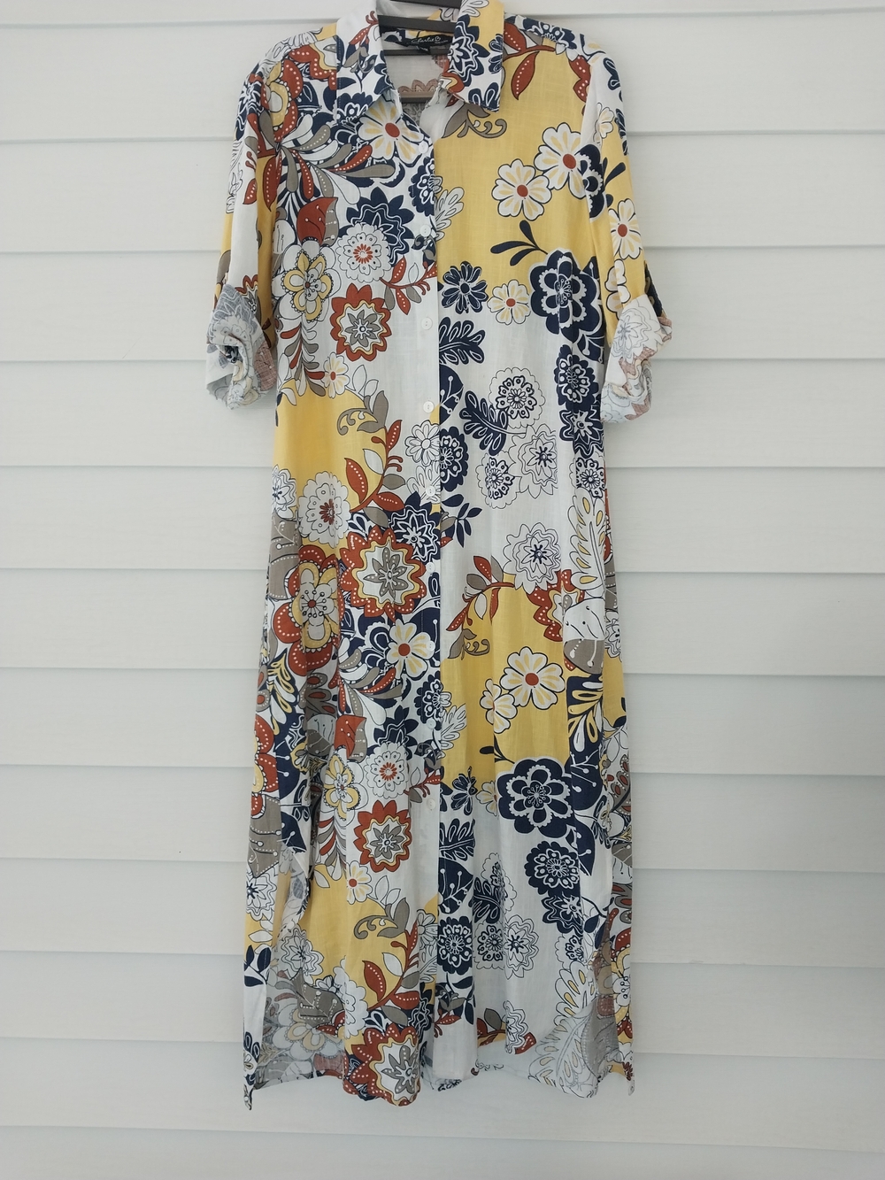 Charlie B Floral Button-Front Maxi Dress in Yellow & Navy Size M Linen Blend